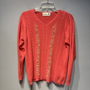 Tulchan Pink Knit Sweater‎ Floral Embroidered Trim Cotton SzS Cottagecore